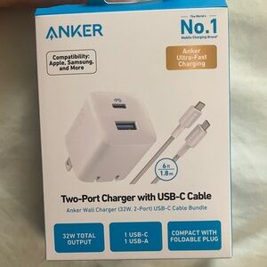 Anker White Two-Port Charger with USB-C Cable
